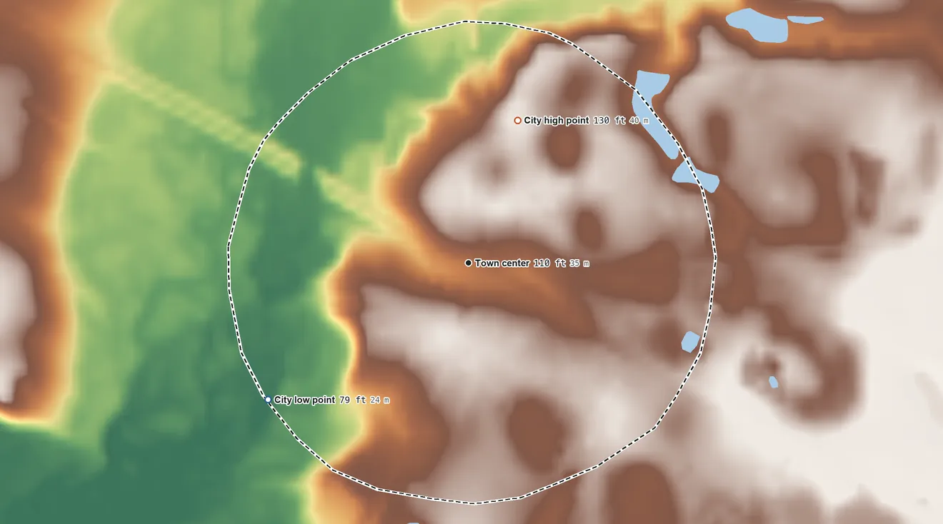 Topographic elevation map of Oliver, Georgia, shaded from 79 ft on the southwest side to 130 ft on the north side