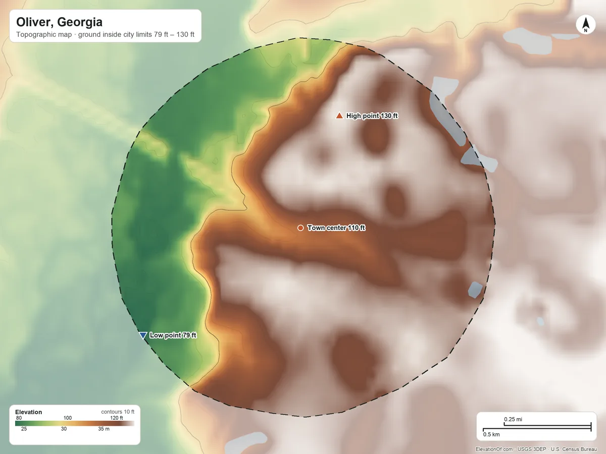 Topographic elevation map of Oliver, Georgia, shaded from 79 ft on the southwest side to 130 ft on the north side