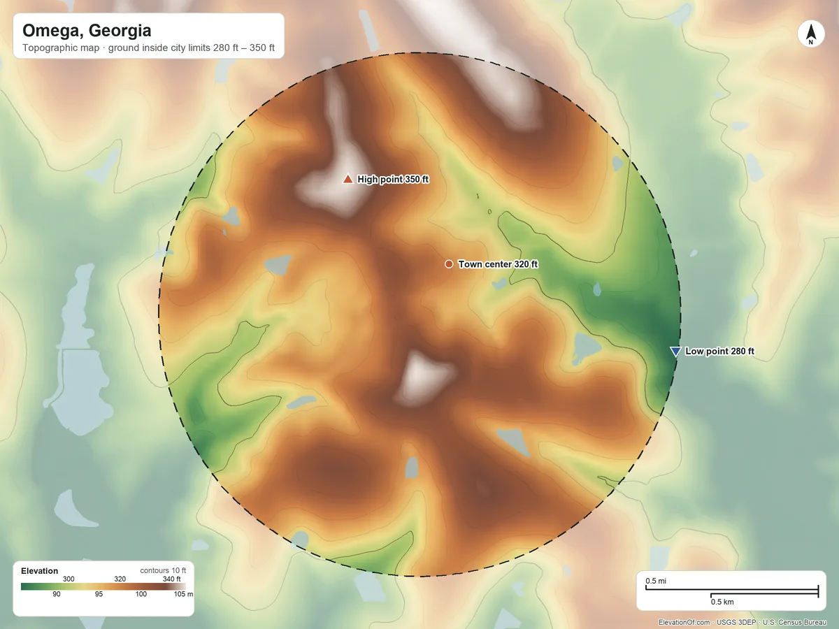 Topographic elevation map of Omega, Georgia, shaded from 280 ft on the east side to 350 ft on the northwest side