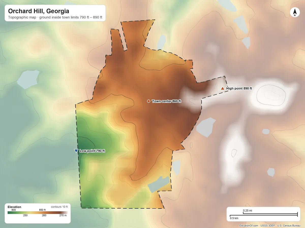 Topographic elevation map of Orchard Hill, Georgia, shaded from 790 ft on the southwest side to 890 ft on the east side