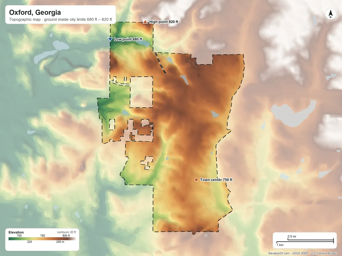 Topographic elevation map of Oxford, Georgia, shaded from 680 ft on the northwest side to 820 ft on the north side