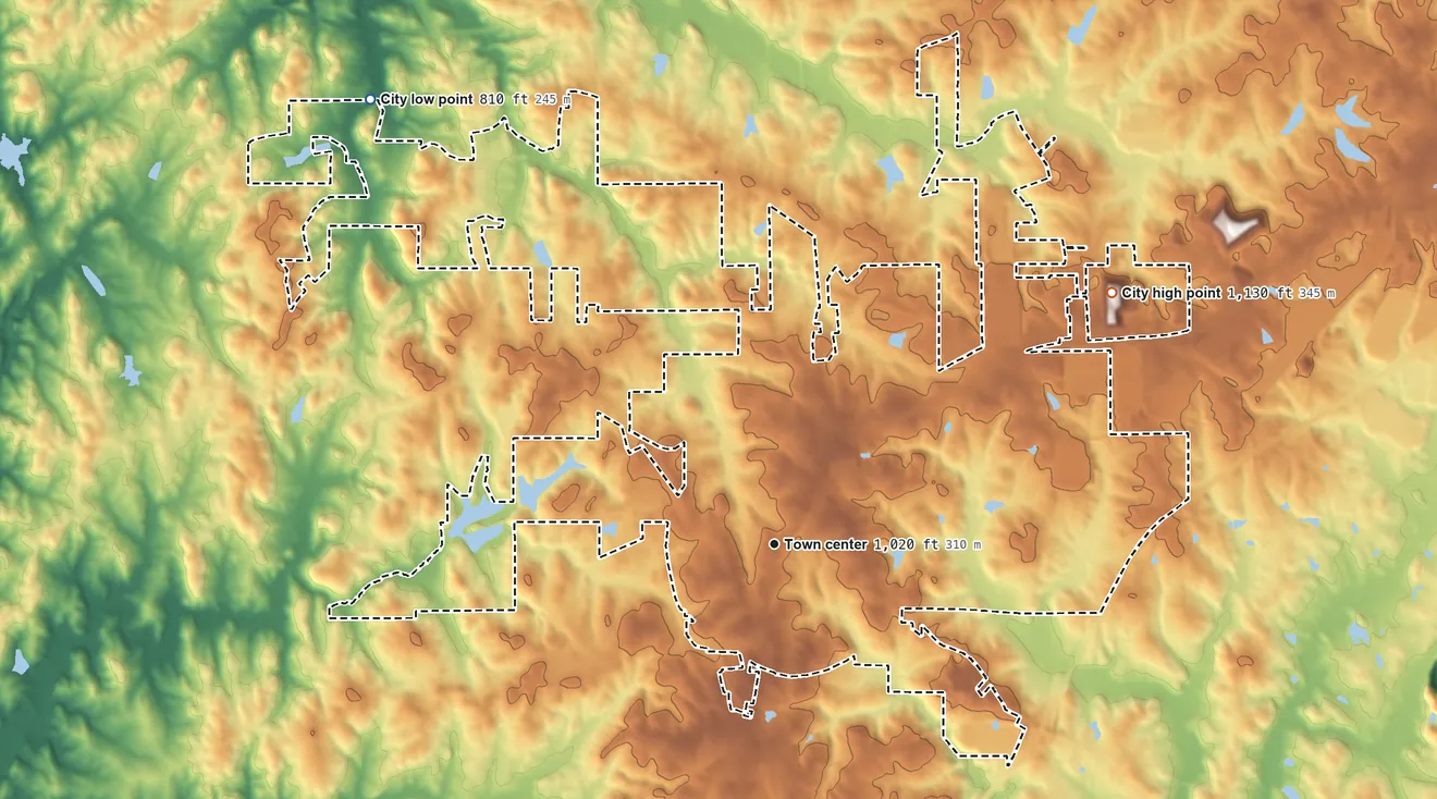 Topographic elevation map of Palmetto, Georgia, shaded from 810 ft on the northwest side to 1,130 ft on the northeast side