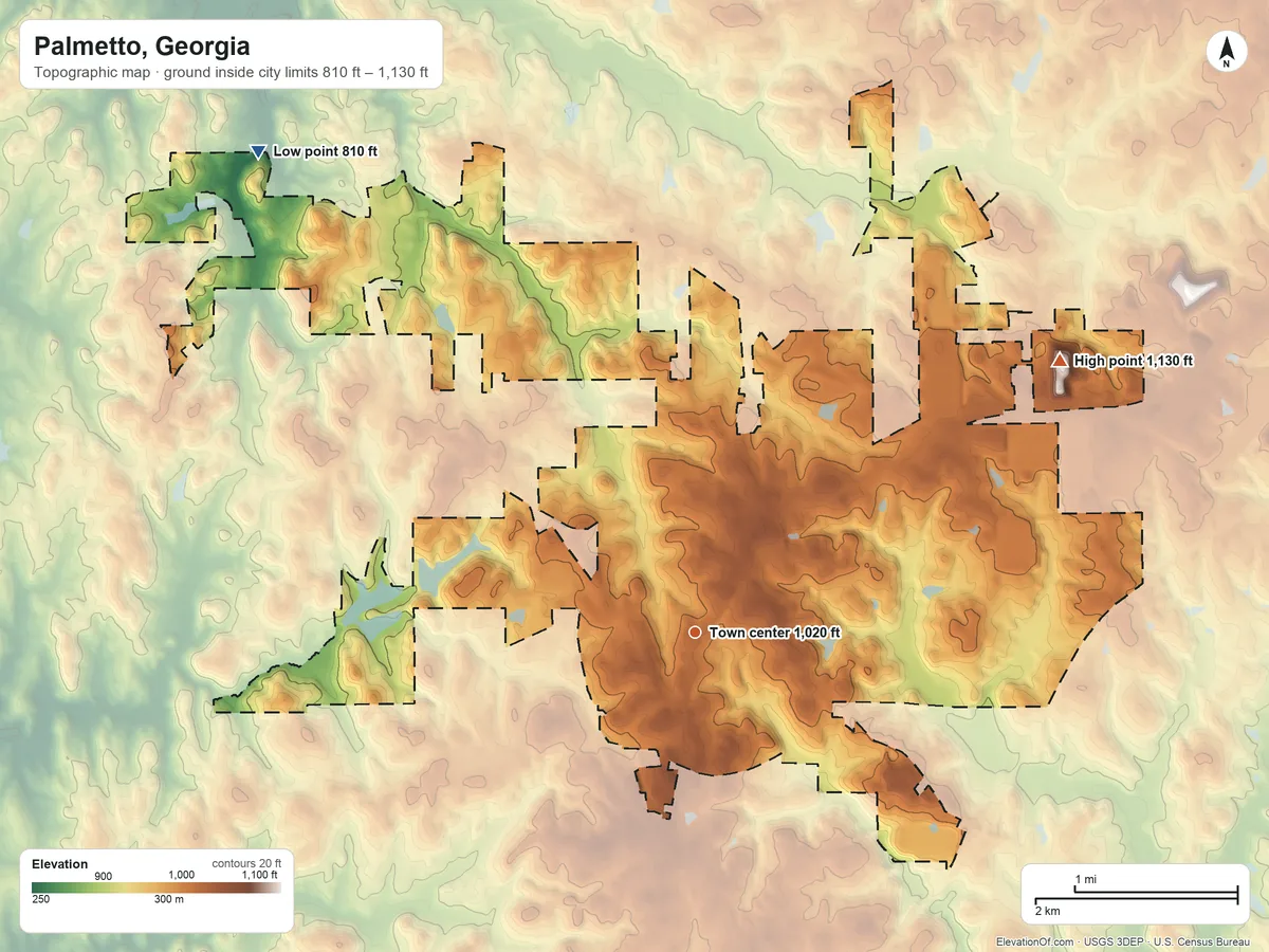 Topographic elevation map of Palmetto, Georgia, shaded from 810 ft on the northwest side to 1,130 ft on the northeast side