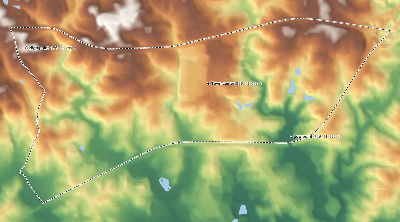 Topographic elevation map of Panthersville, Georgia, shaded from 760 ft on the southeast side to 970 ft on the west side