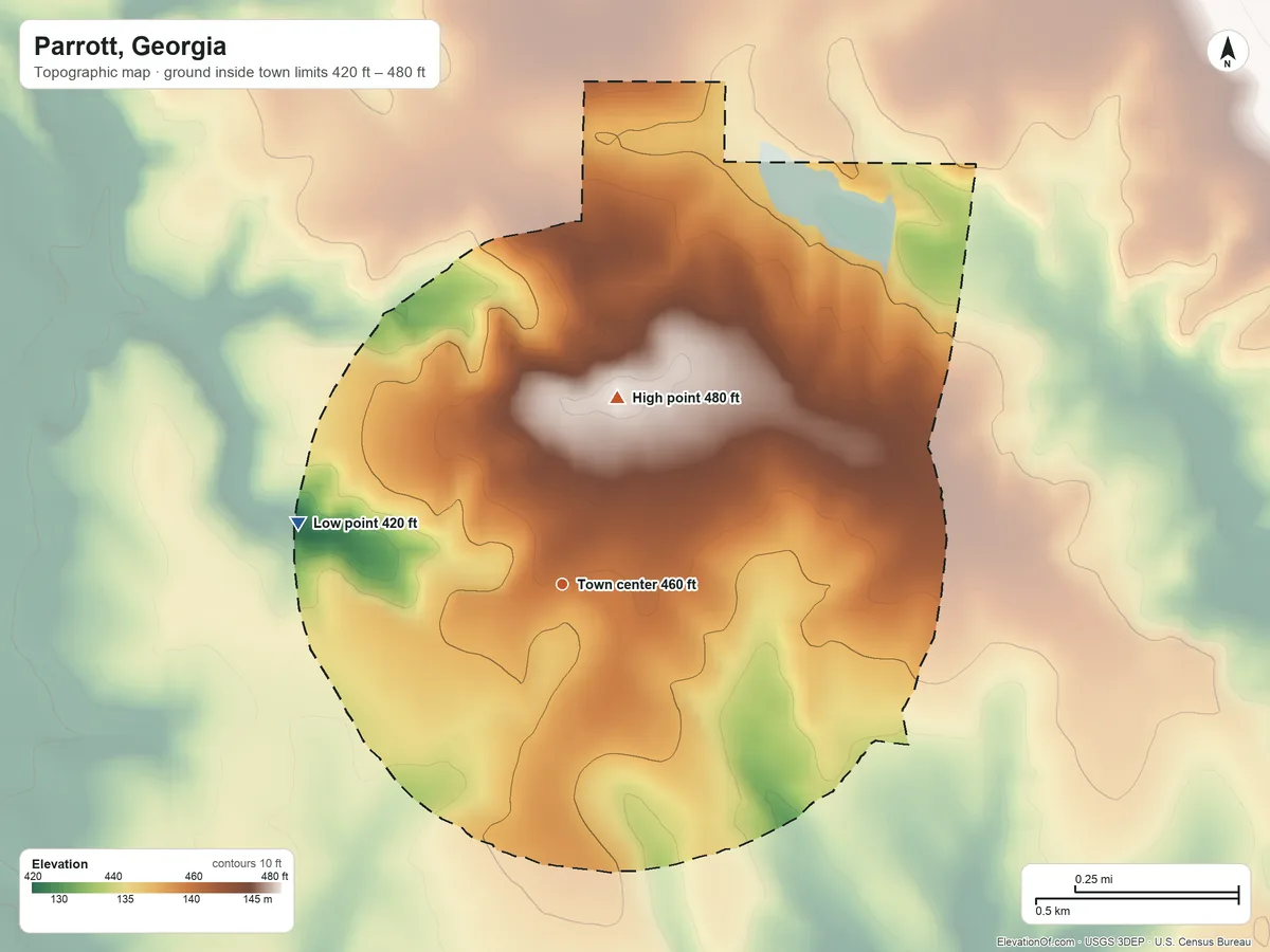 Topographic elevation map of Parrott, Georgia, shaded from 420 ft on the west side to 480 ft on the north side