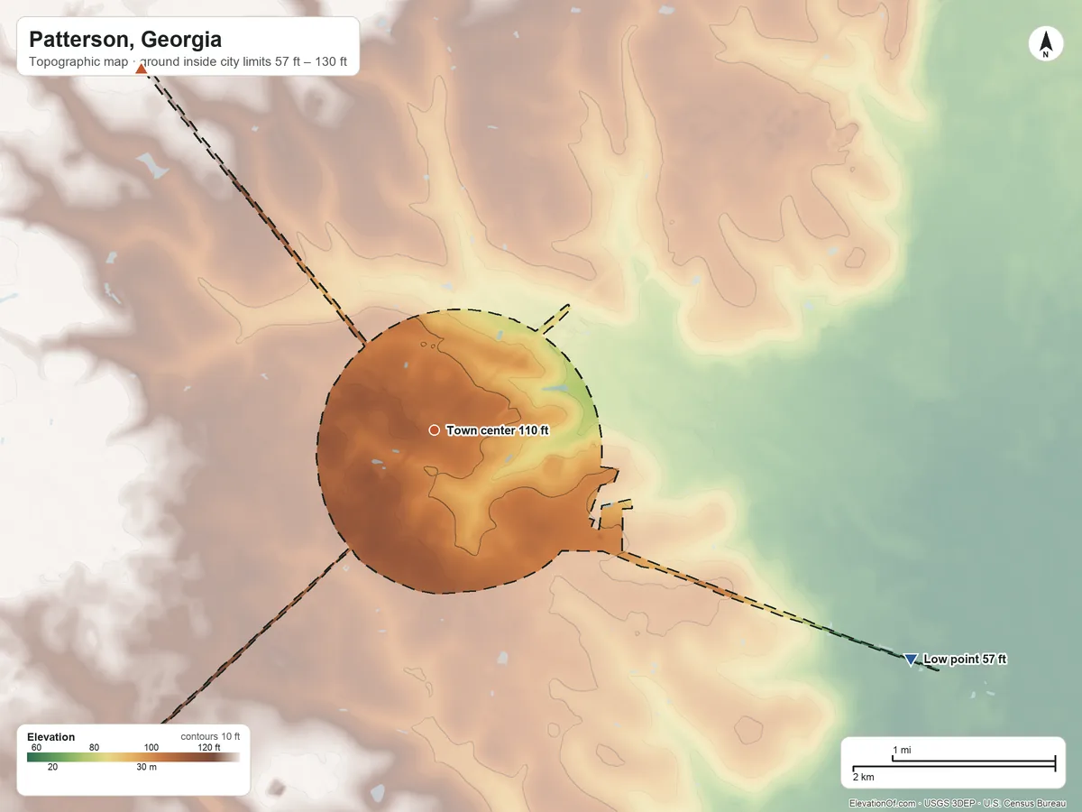 Topographic elevation map of Patterson, Georgia, shaded from 57 ft on the southeast side to 130 ft on the northwest side