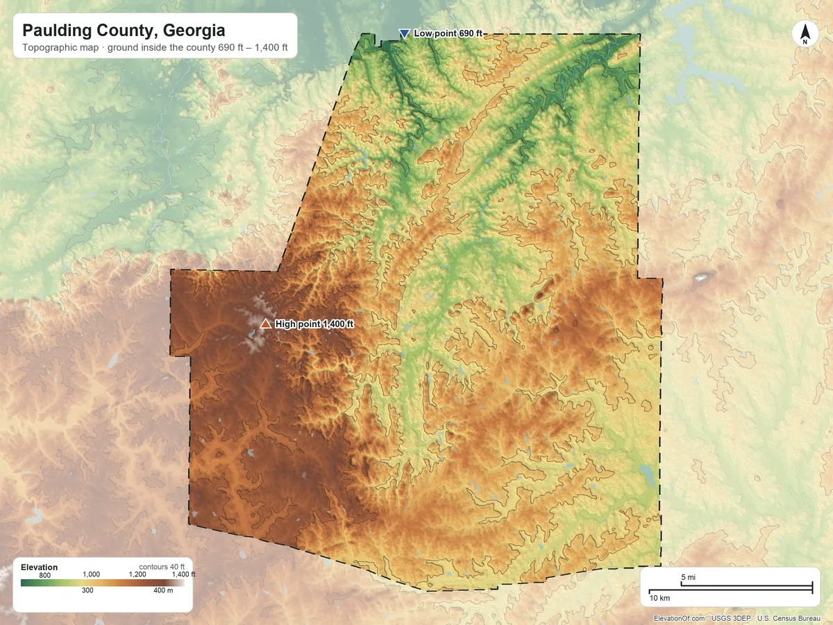 Topographic elevation map of Paulding County, Georgia, shaded from 690 ft on the north side to 1,400 ft on the west side
