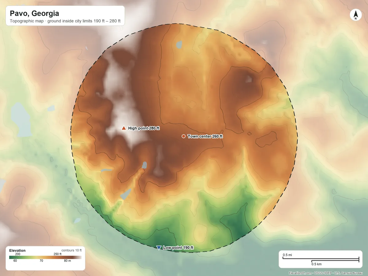 Topographic elevation map of Pavo, Georgia, shaded from 190 ft on the south side to 280 ft on the west side