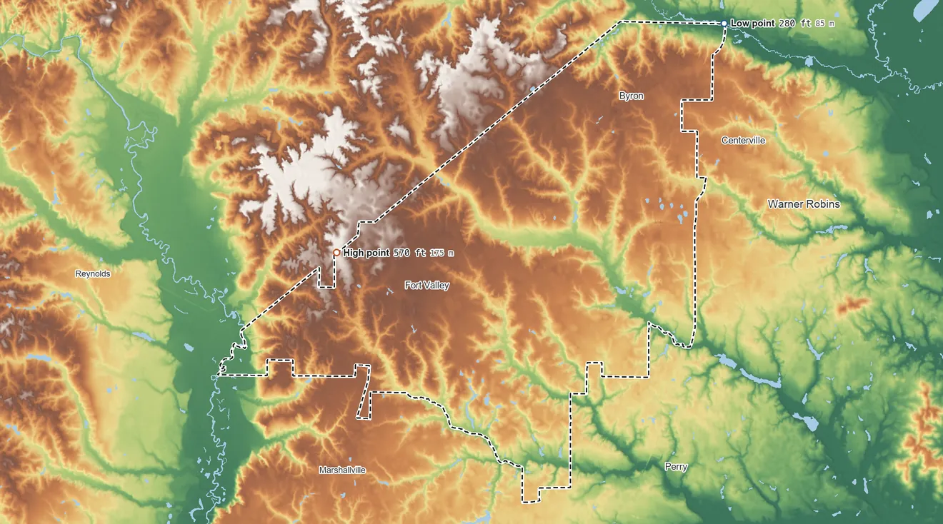 Topographic elevation map of Peach County, Georgia, shaded from 280 ft on the northeast side to 570 ft on the west side