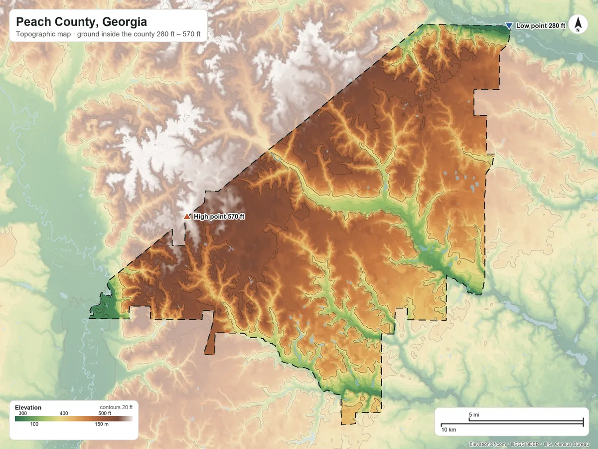 Topographic elevation map of Peach County, Georgia, shaded from 280 ft on the northeast side to 570 ft on the west side