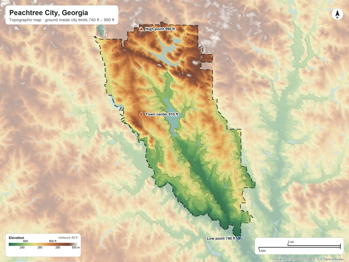Topographic elevation map of Peachtree City, Georgia, shaded from 740 ft on the southeast side to 990 ft on the north side