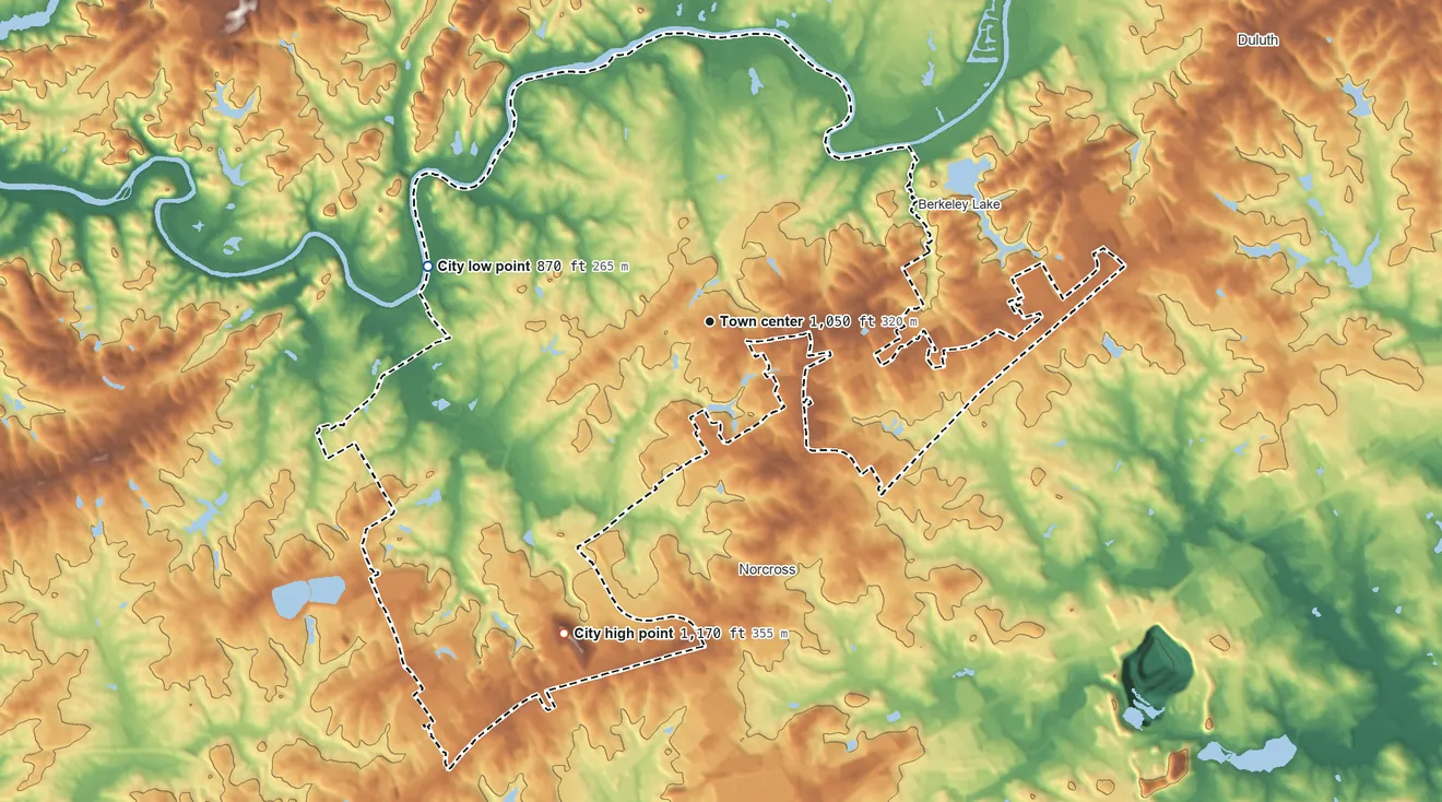Topographic elevation map of Peachtree Corners, Georgia, shaded from 870 ft on the west side to 1,170 ft on the southwest side