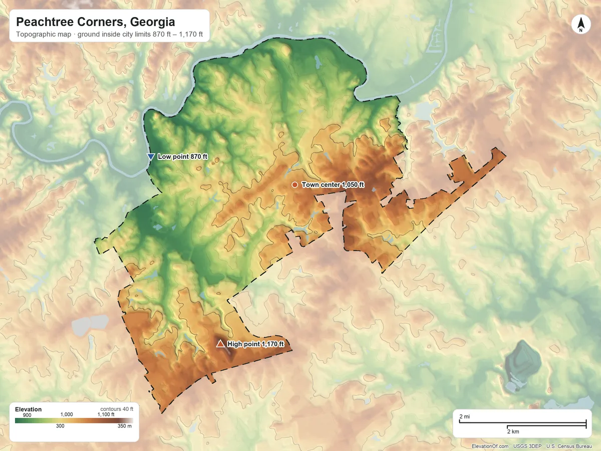 Topographic elevation map of Peachtree Corners, Georgia, shaded from 870 ft on the west side to 1,170 ft on the southwest side