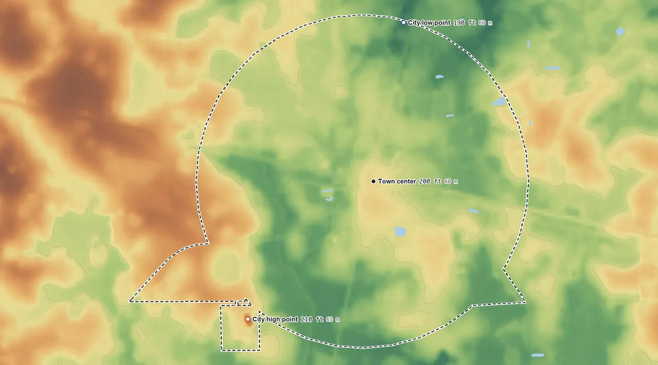 Topographic elevation map of Pearson, Georgia, shaded from 190 ft on the north side to 210 ft on the southwest side