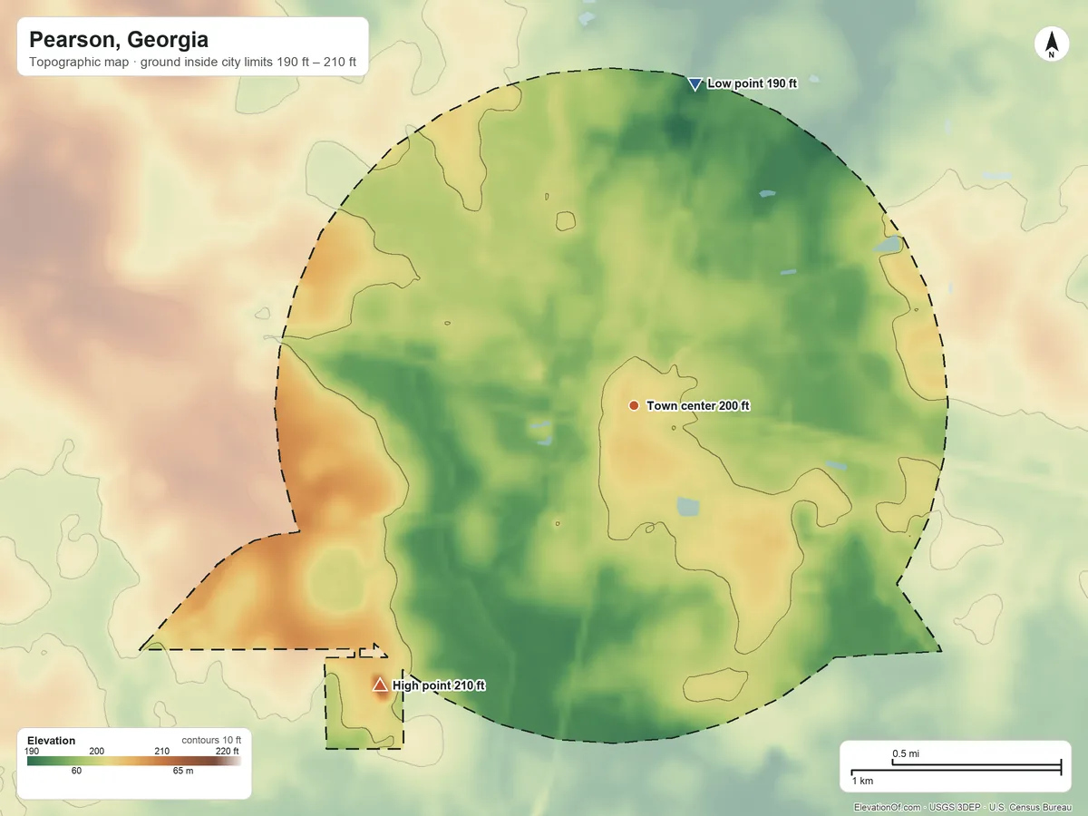 Topographic elevation map of Pearson, Georgia, shaded from 190 ft on the north side to 210 ft on the southwest side