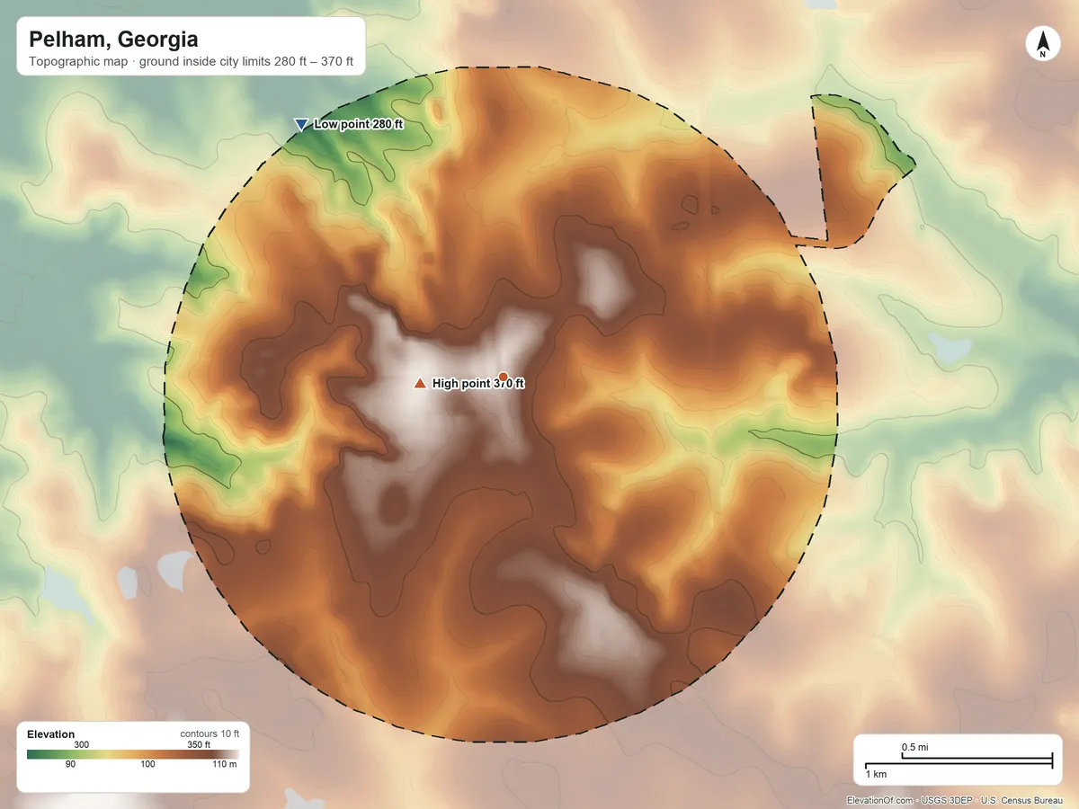 Topographic elevation map of Pelham, Georgia, shaded from 280 ft on the northwest side to 370 ft near the middle