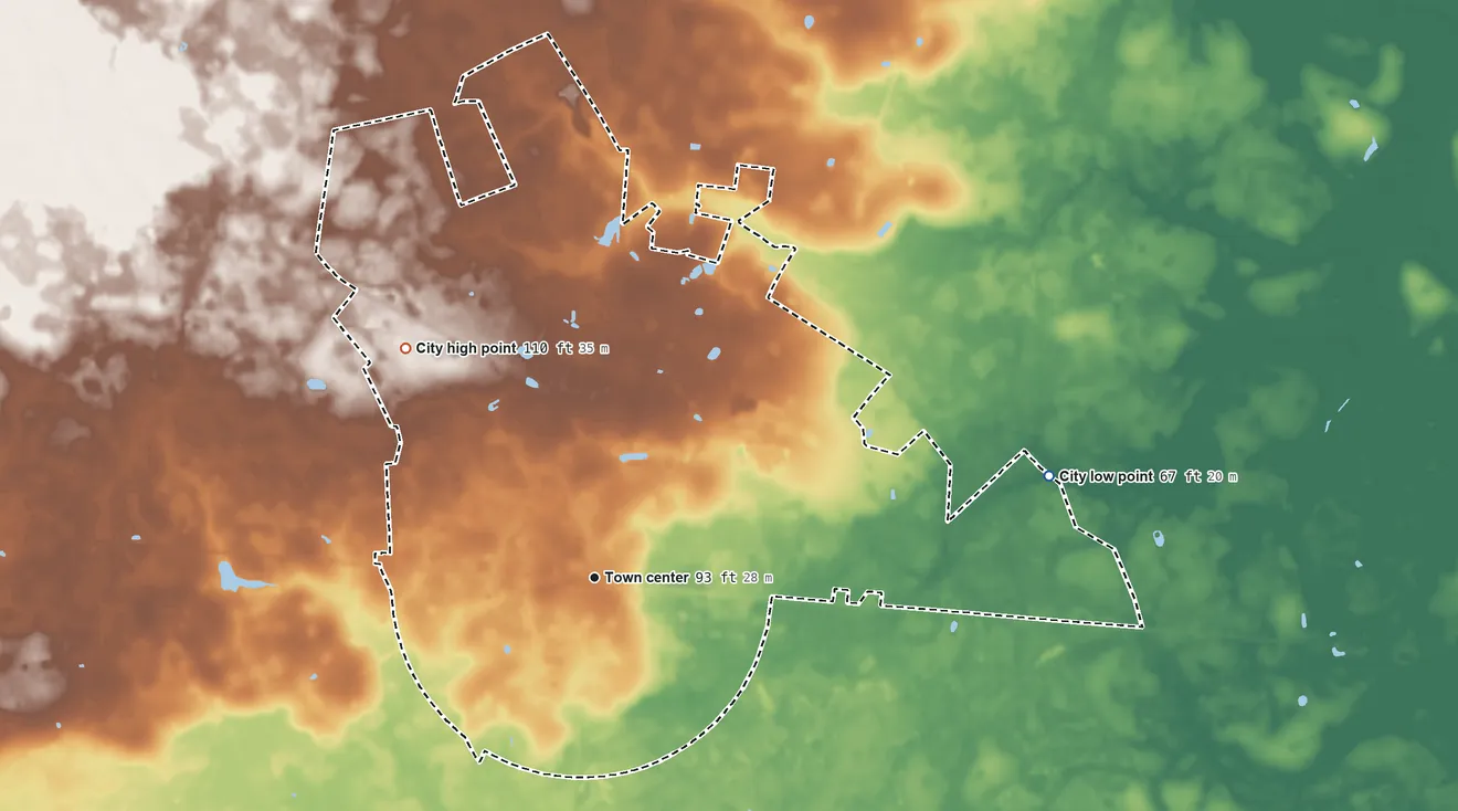 Topographic elevation map of Pembroke, Georgia, shaded from 67 ft on the east side to 110 ft on the northwest side