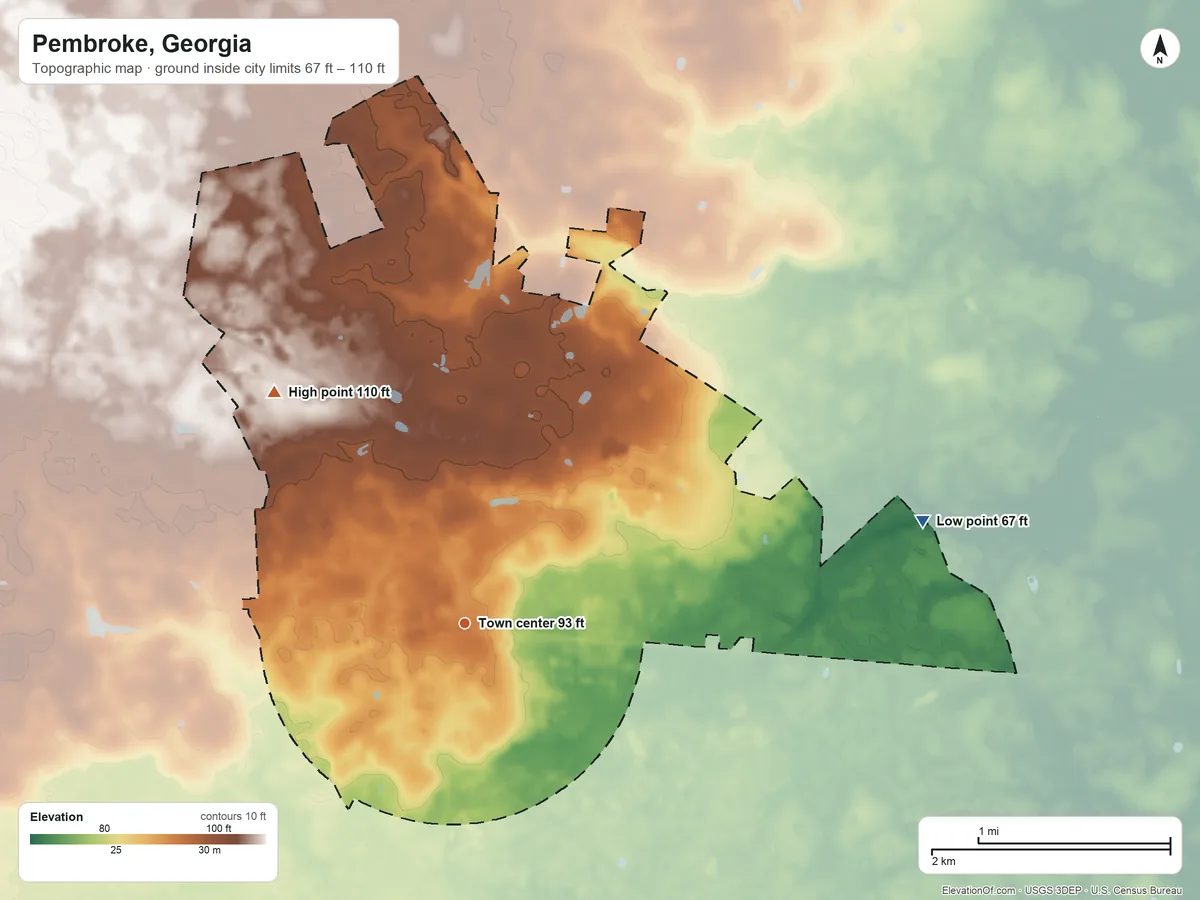 Topographic elevation map of Pembroke, Georgia, shaded from 67 ft on the east side to 110 ft on the northwest side