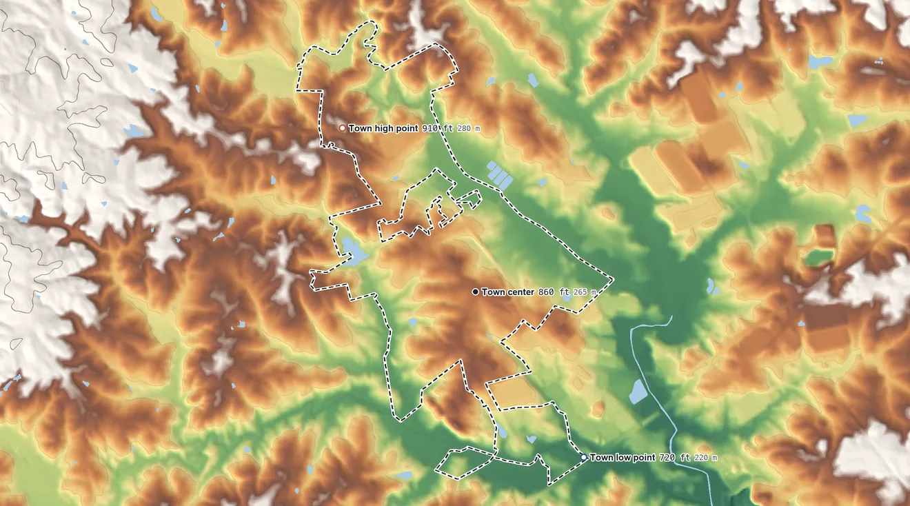 Topographic elevation map of Pendergrass, Georgia, shaded from 720 ft on the southeast side to 910 ft on the northwest side
