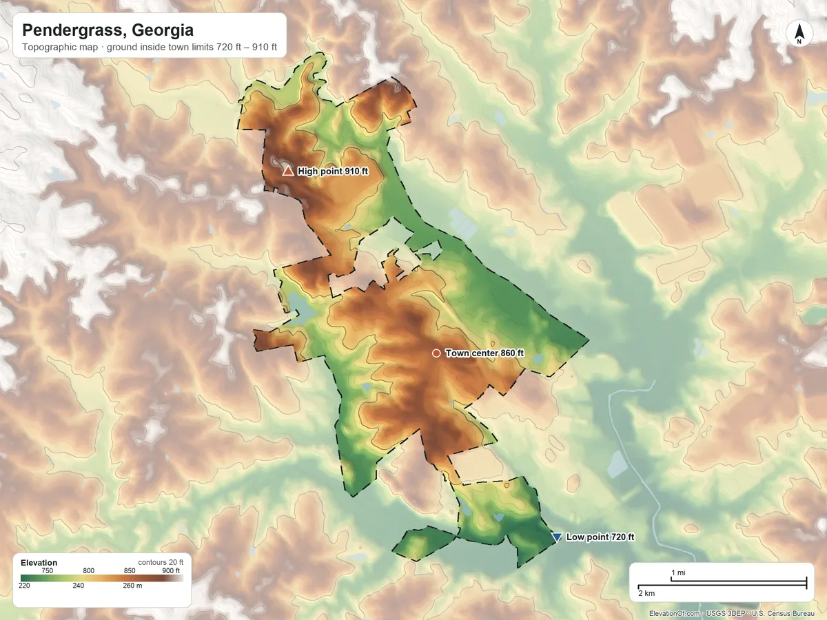 Topographic elevation map of Pendergrass, Georgia, shaded from 720 ft on the southeast side to 910 ft on the northwest side