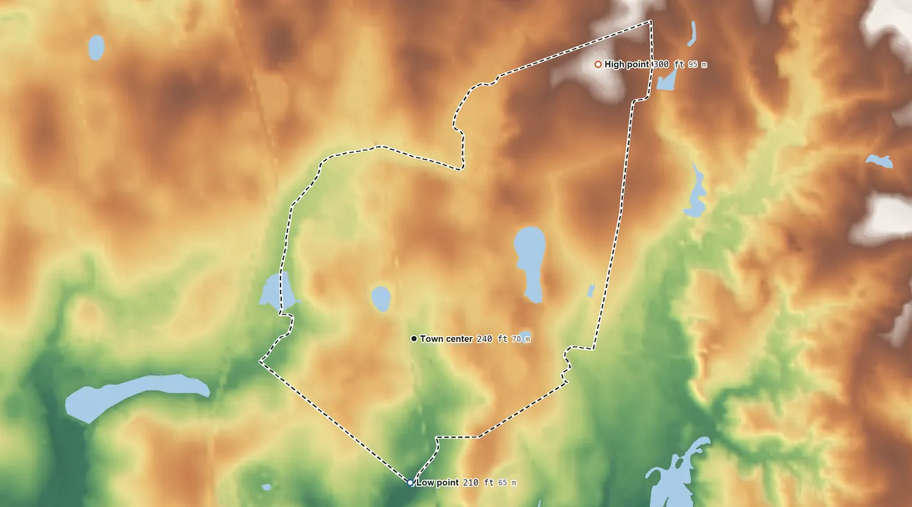 Topographic elevation map of Perkins, Georgia, shaded from 210 ft on the south side to 300 ft on the northeast side