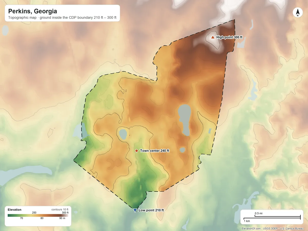 Topographic elevation map of Perkins, Georgia, shaded from 210 ft on the south side to 300 ft on the northeast side