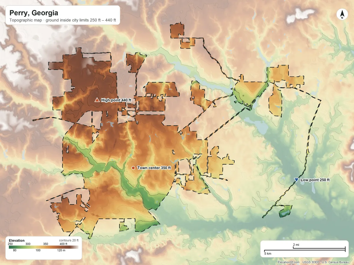Topographic elevation map of Perry, Georgia, shaded from 250 ft on the east side to 440 ft on the northwest side
