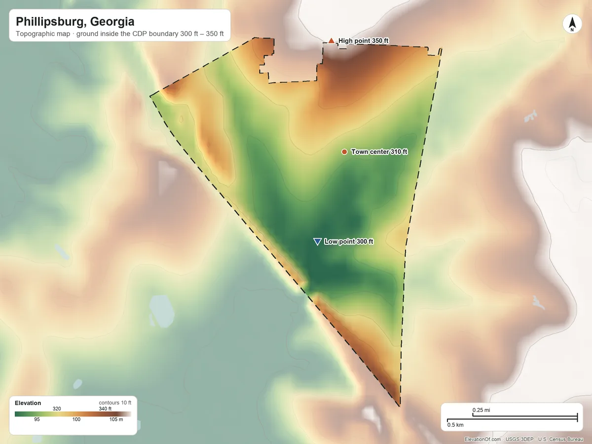 Topographic elevation map of Phillipsburg, Georgia, shaded from 300 ft on the south side to 350 ft on the north side