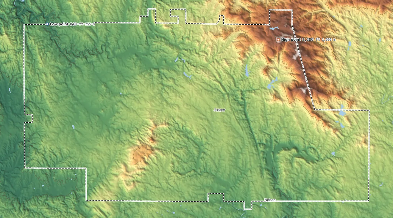 Topographic elevation map of Pickens County, Georgia, shaded from 840 ft on the northwest side to 3,280 ft on Burnt Mountain