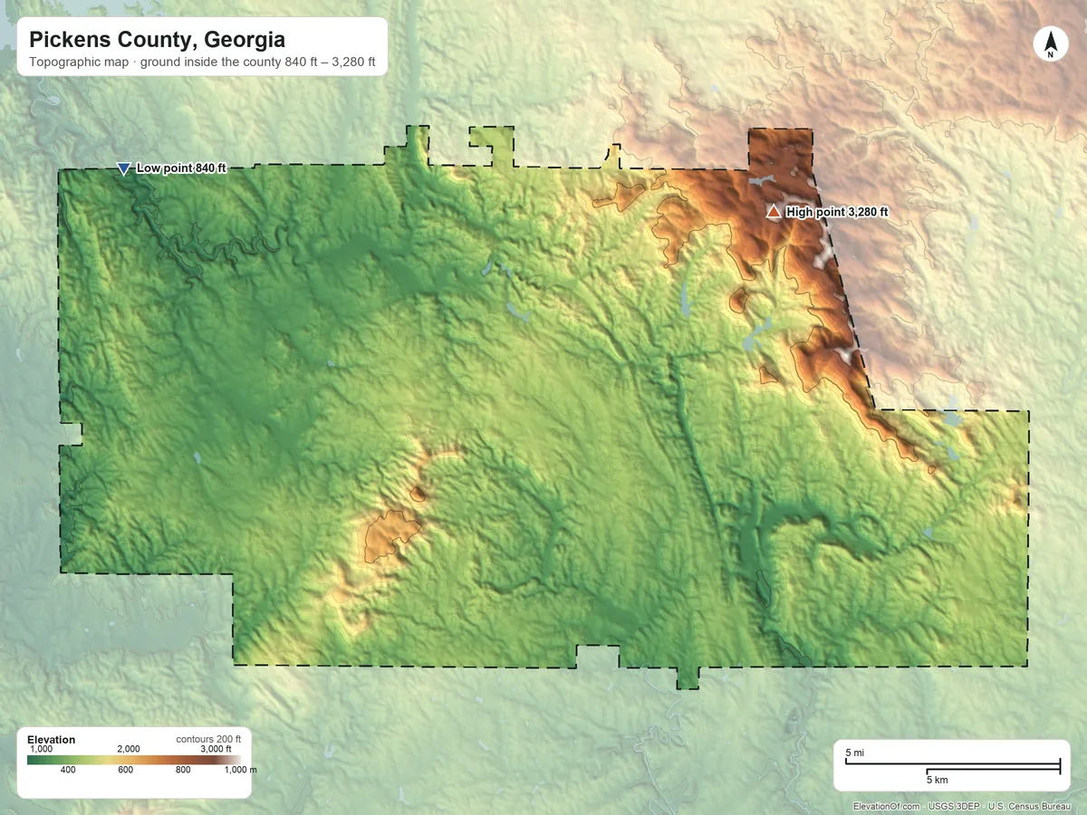 Topographic elevation map of Pickens County, Georgia, shaded from 840 ft on the northwest side to 3,280 ft on Burnt Mountain