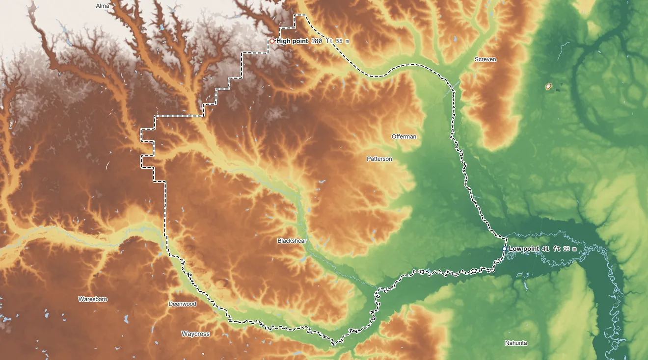 Topographic elevation map of Pierce County, Georgia, shaded from 41 ft on the east side to 180 ft on the north side