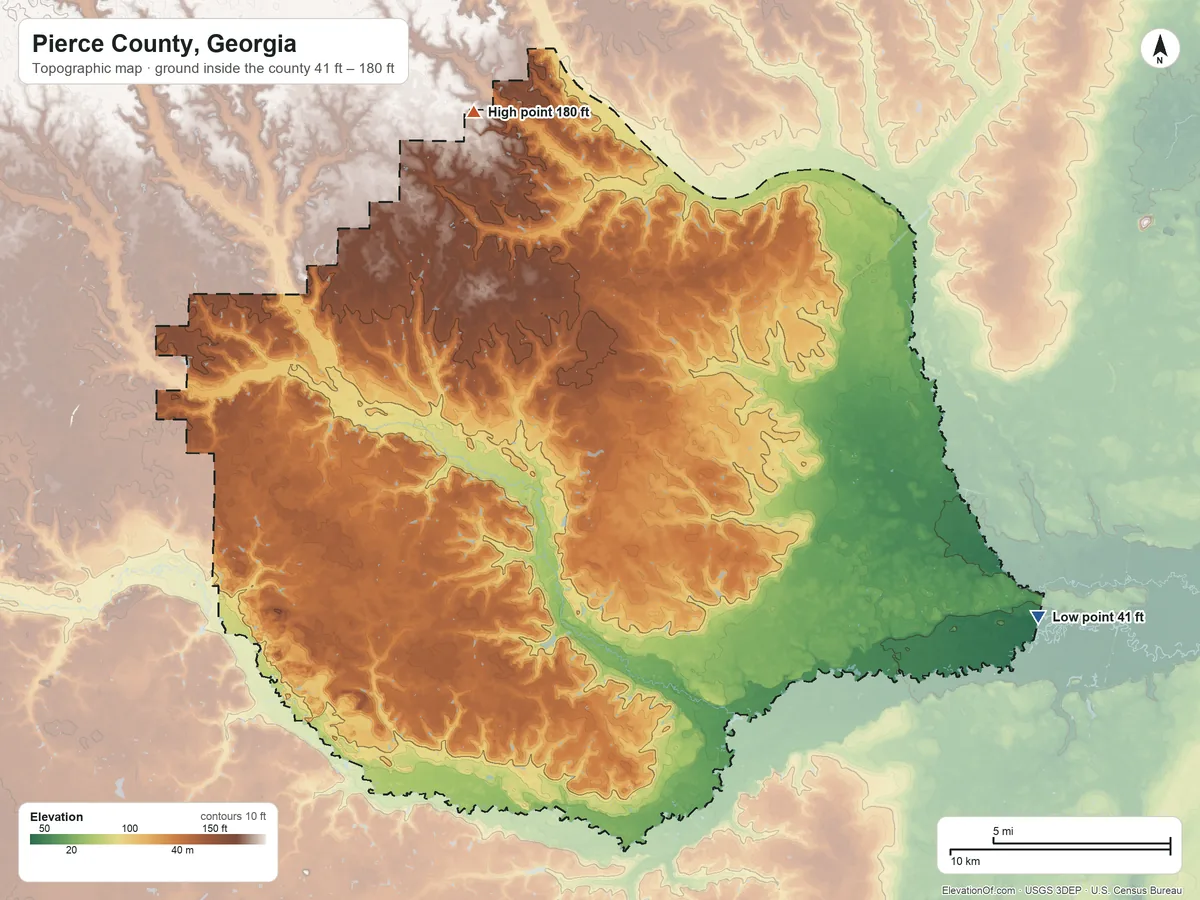 Topographic elevation map of Pierce County, Georgia, shaded from 41 ft on the east side to 180 ft on the north side