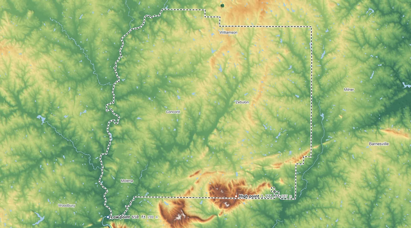 Topographic elevation map of Pike County, Georgia, shaded from 650 ft on the southwest side to 1,271 ft on Indian Grave Mountain