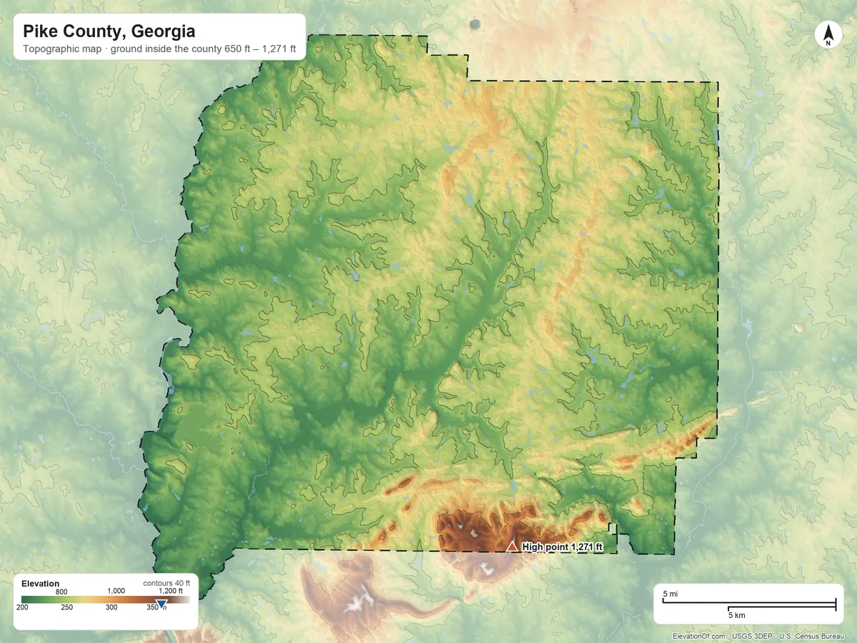 Topographic elevation map of Pike County, Georgia, shaded from 650 ft on the southwest side to 1,271 ft on Indian Grave Mountain