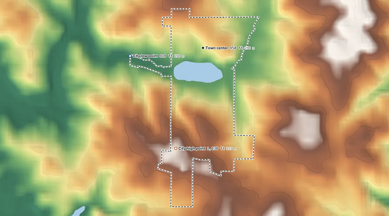 Topographic elevation map of Pine Lake, Georgia, shaded from 910 ft on the west side to 1,030 ft on the south side