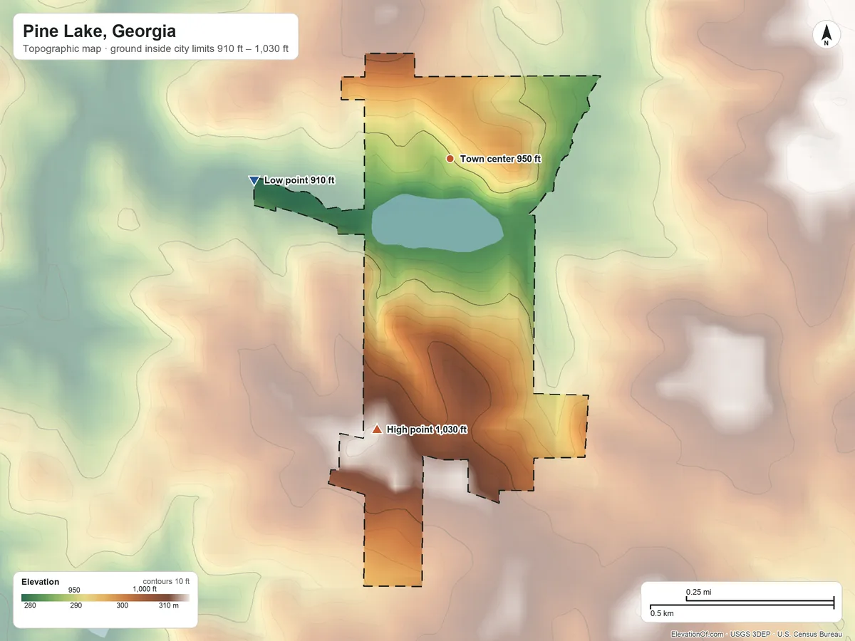 Topographic elevation map of Pine Lake, Georgia, shaded from 910 ft on the west side to 1,030 ft on the south side