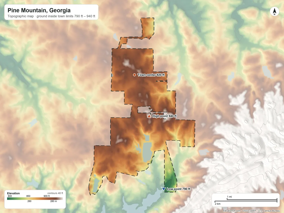 Topographic elevation map of Pine Mountain, Georgia, shaded from 790 ft on the south side to 940 ft on the south side