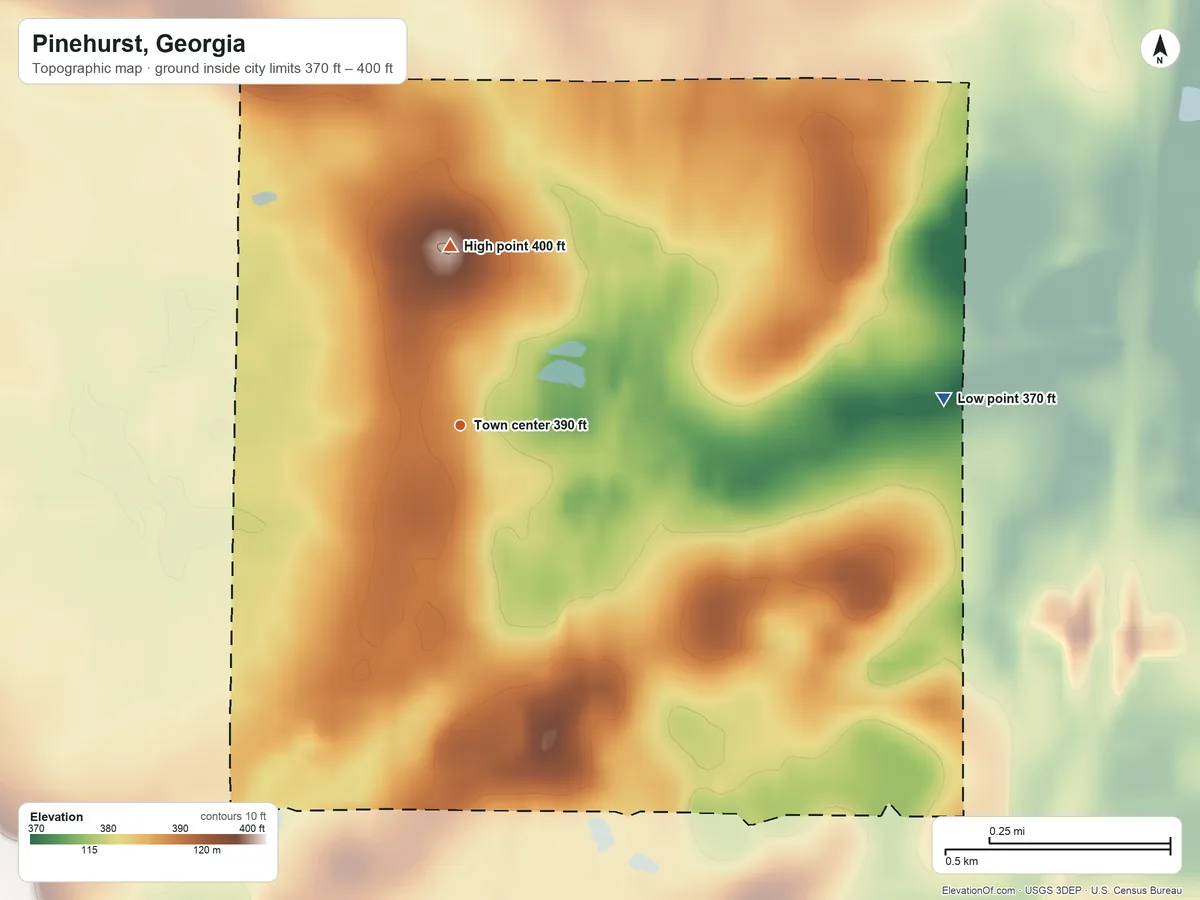 Topographic elevation map of Pinehurst, Georgia, shaded from 370 ft on the east side to 400 ft on the north side