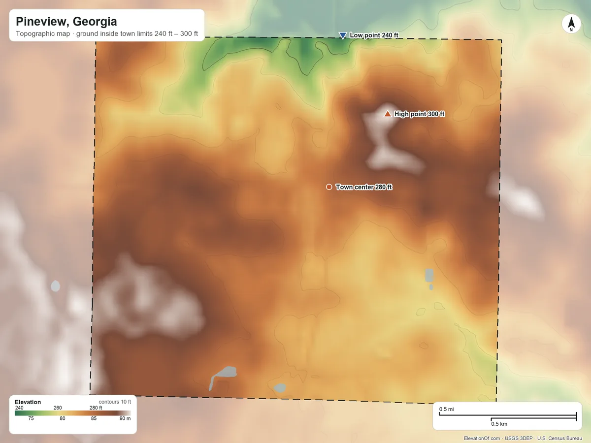 Topographic elevation map of Pineview, Georgia, shaded from 240 ft on the north side to 300 ft on the northeast side