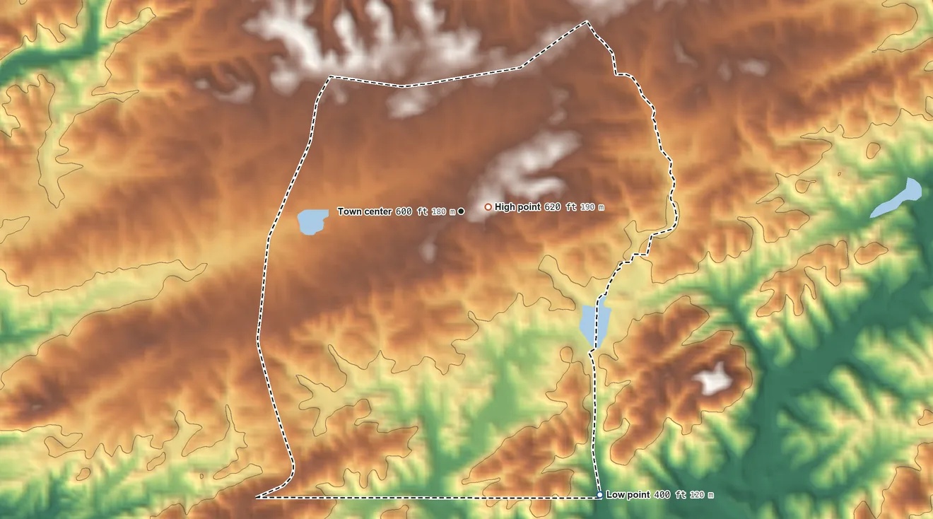 Topographic elevation map of Piney Grove, Georgia, shaded from 400 ft on the southeast side to 620 ft near the middle