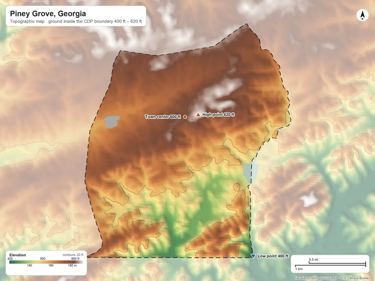 Topographic elevation map of Piney Grove, Georgia, shaded from 400 ft on the southeast side to 620 ft near the middle