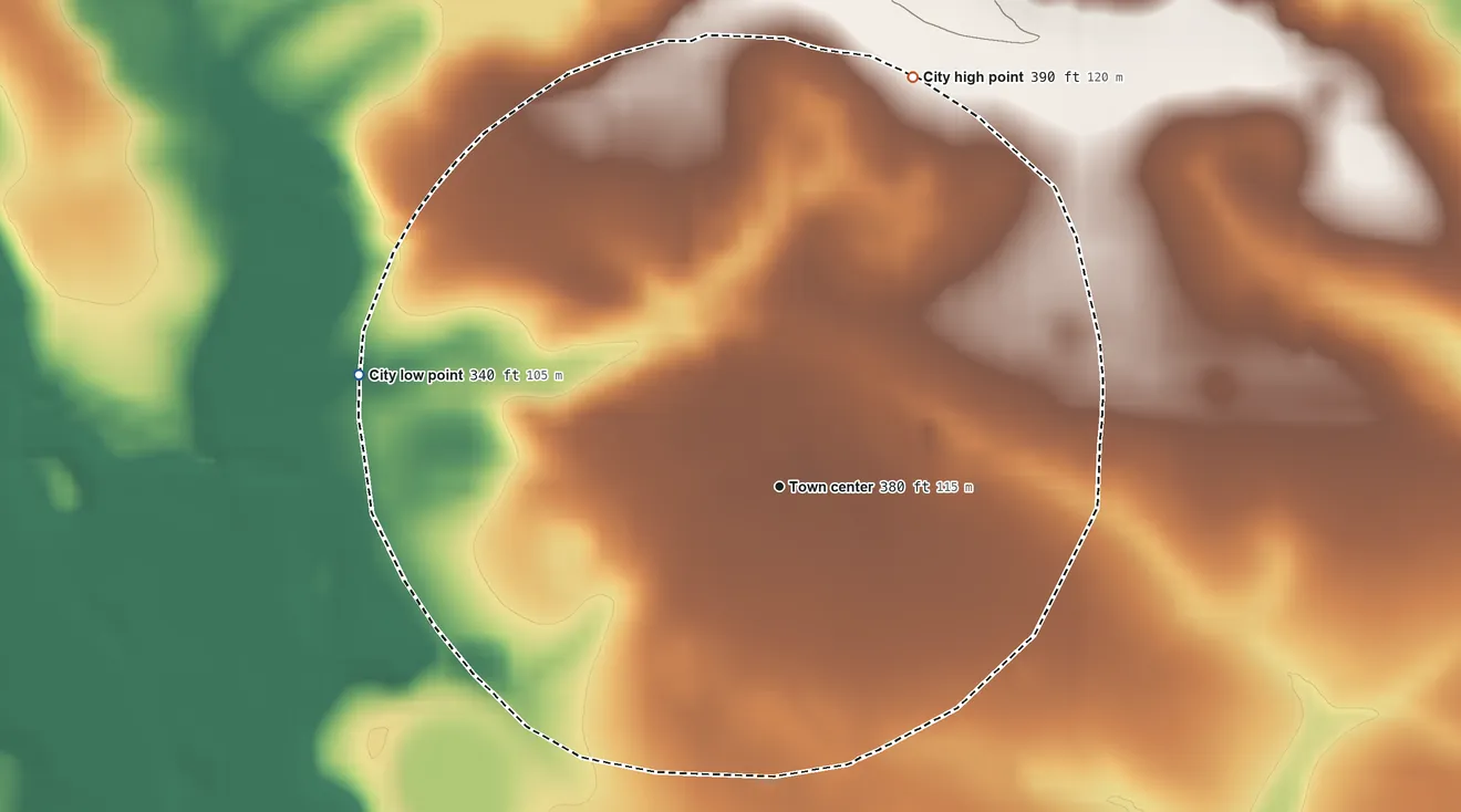 Topographic elevation map of Pitts, Georgia, shaded from 340 ft on the west side to 390 ft on the north side
