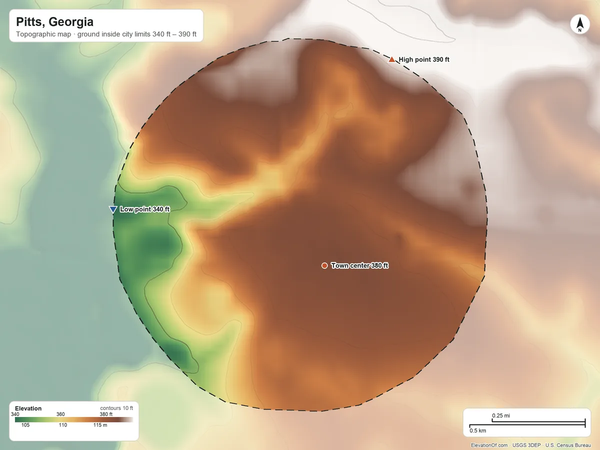 Topographic elevation map of Pitts, Georgia, shaded from 340 ft on the west side to 390 ft on the north side