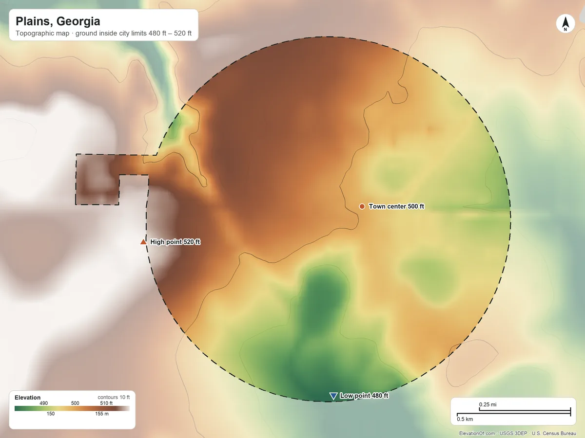 Topographic elevation map of Plains, Georgia, shaded from 480 ft on the south side to 520 ft on the west side