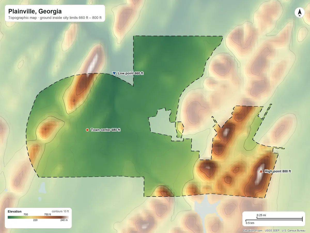 Topographic elevation map of Plainville, Georgia, shaded from 660 ft on the northeast side to 800 ft on the east side