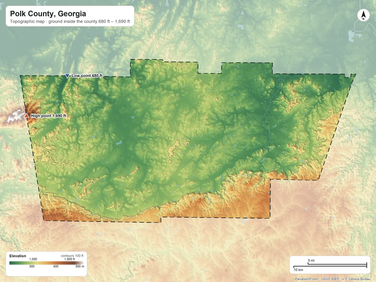 Topographic elevation map of Polk County, Georgia, shaded from 680 ft on the northwest side to 1,690 ft on the west side