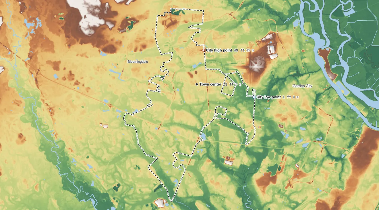 Topographic elevation map of Pooler, Georgia, shaded from 1 ft on the east side to 49 ft on the north side