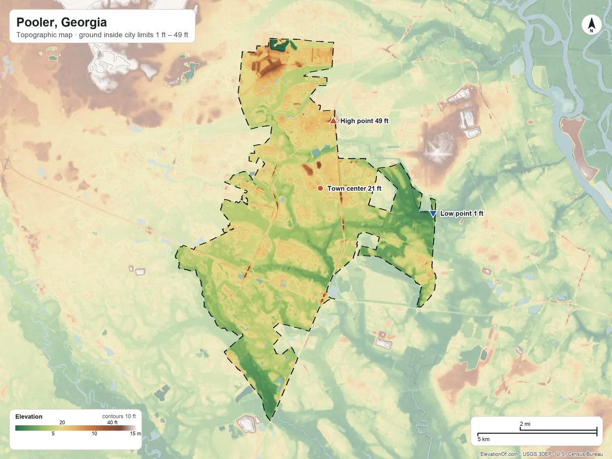 Topographic elevation map of Pooler, Georgia, shaded from 1 ft on the east side to 49 ft on the north side