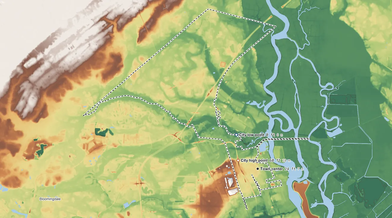 Topographic elevation map of Port Wentworth, Georgia, shaded from 0 ft on the northwest side to 60 ft near the middle