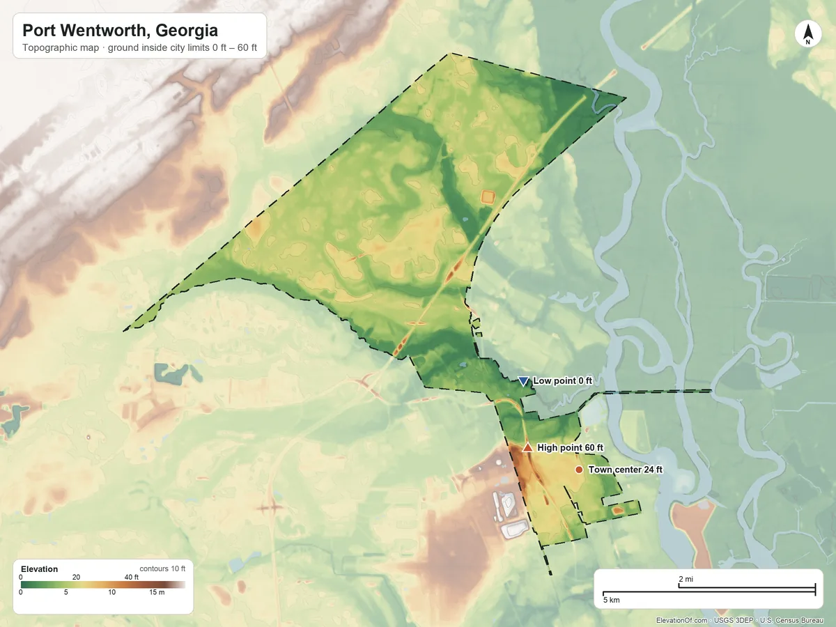 Topographic elevation map of Port Wentworth, Georgia, shaded from 0 ft on the northwest side to 60 ft near the middle
